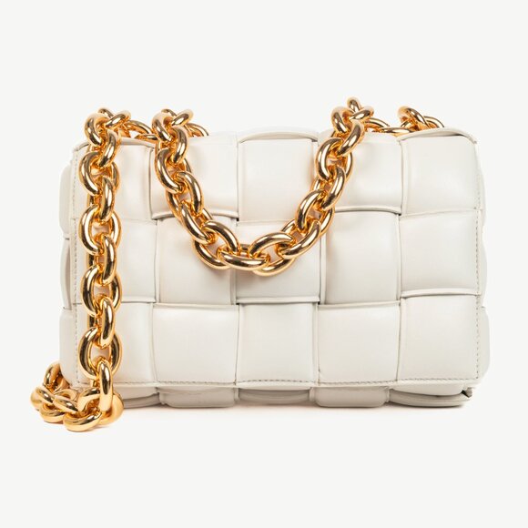 Bottega Veneta Maxi Chain Cassette Chalk Intreccio-Lambskin Shoulder Bag - Picture 1 of 11